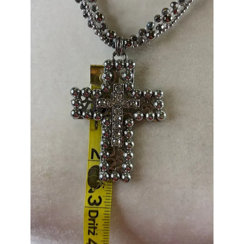 Silver Tone Multi Strand Chunky Cross Necklace Statement - Picture 5 of 5